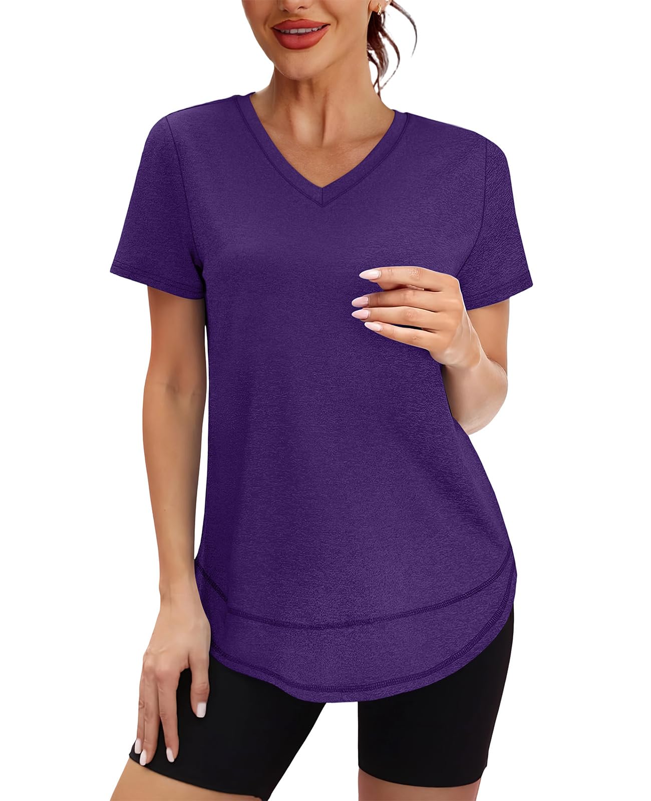 Summer Tops for Women 2026 Short Sleeve Workout Clothes Athletic Shirts Pilates Outfits Camisetas Deportivas para Mujer V Neck Purple L