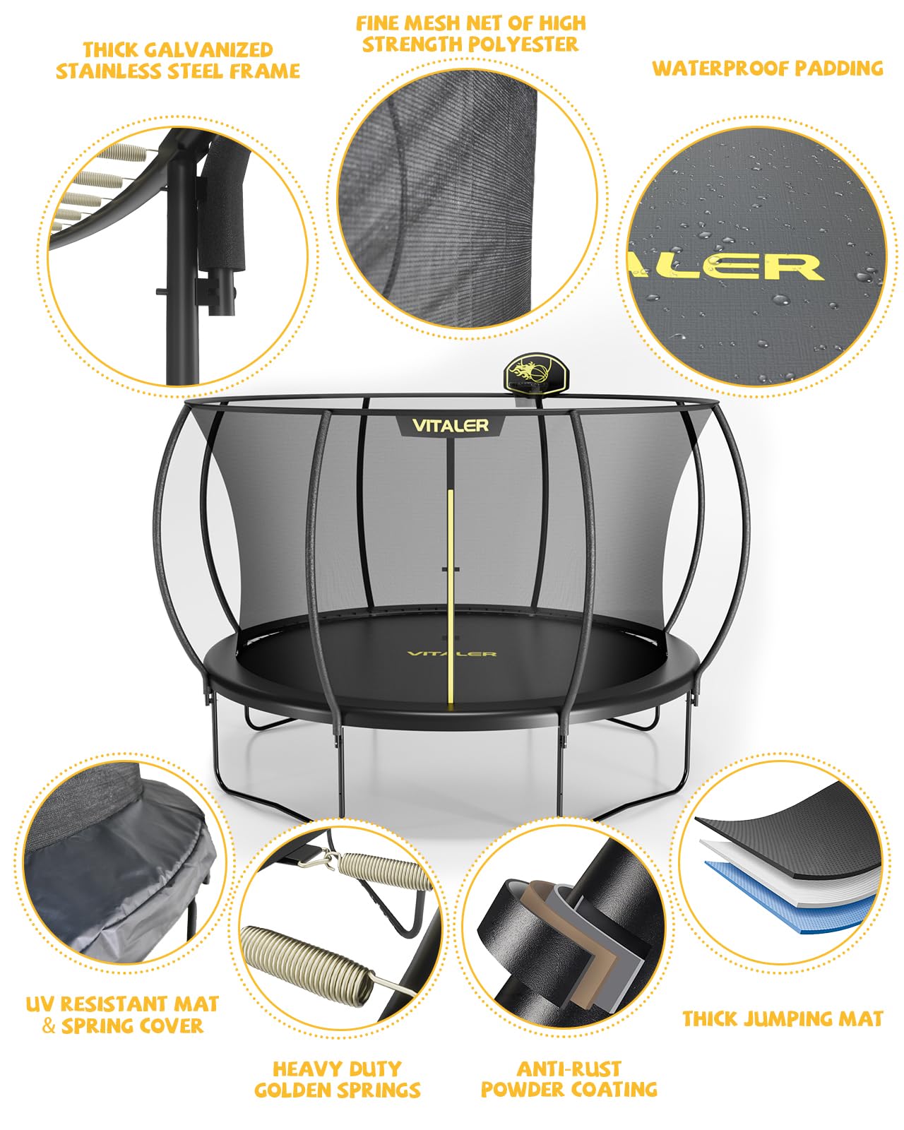 Vitaler Trampoline Outdoor 12FT with Basketball Hoop and Net Enclosure, Recreational Trampolines for Kids and Adults, Outdoor Backyard Trampoline with Anti-Rust Coated Frame, ASTM Approved