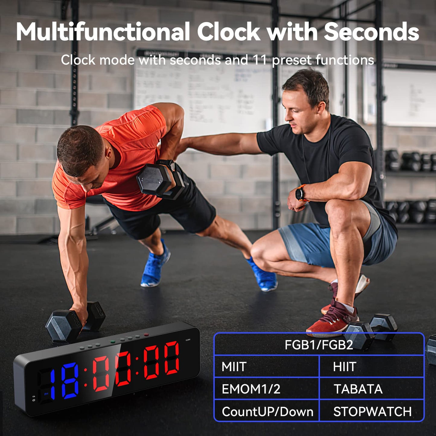 Seesii Gym Timer with Battery 3.0A, Portable Gym Interval Clock with Buttons, Countdown/UP Stopwatch Workout Timer with Remote