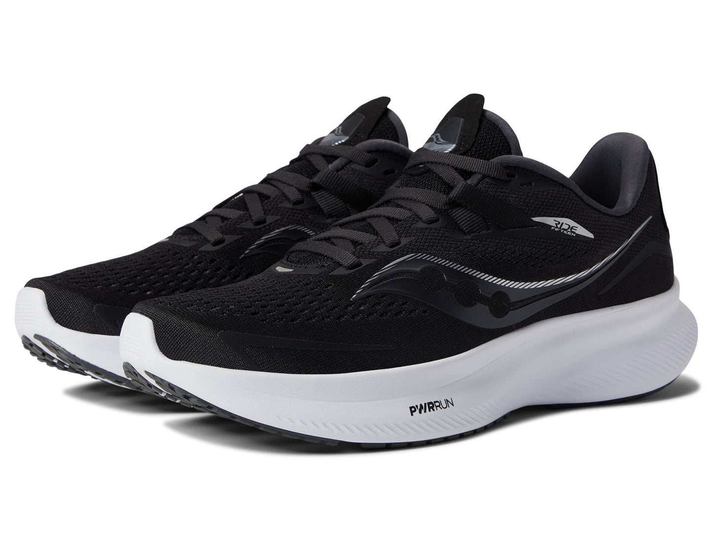 Saucony Women's Ride 15 Running Shoe, Black/White, 8