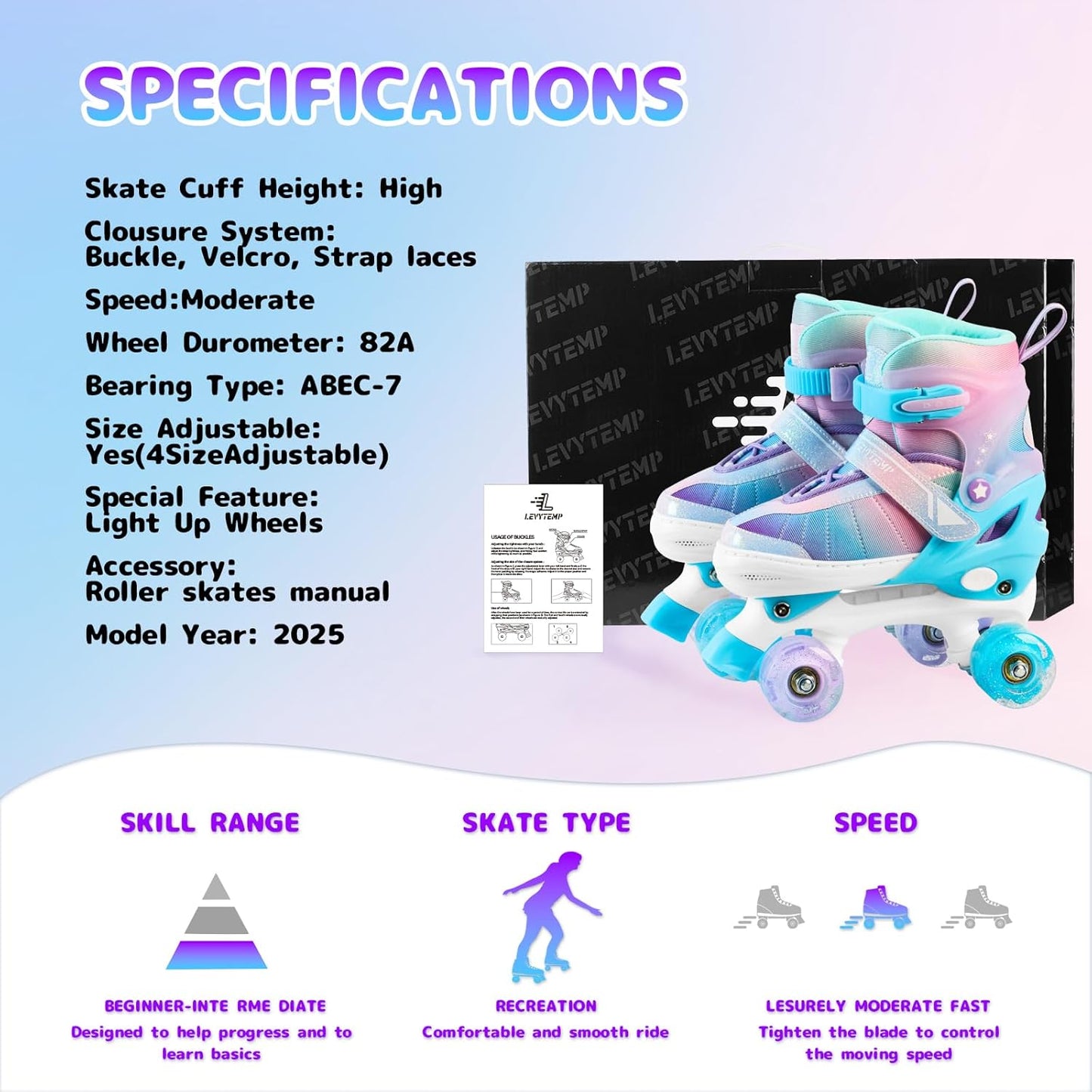 Rainbow Roller Skates for Girls - Adjustable Quad Skates with Light-Up Wheels | Gradient Pink Purple, Sizes XS-L (Ages 3-12)