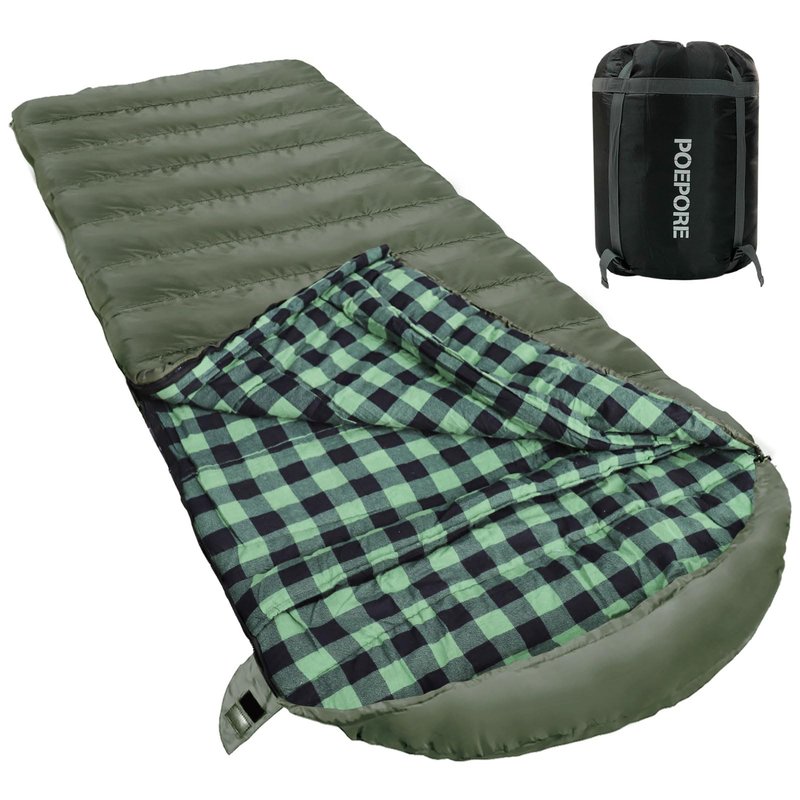 POEPORE 0 Degree Sleeping Bag 100% Cotton Flannel XXL Cold Weather Winter Oversized Sleeping Bag for Adults Camping Zero Degree Big and Tall with Compression Sack