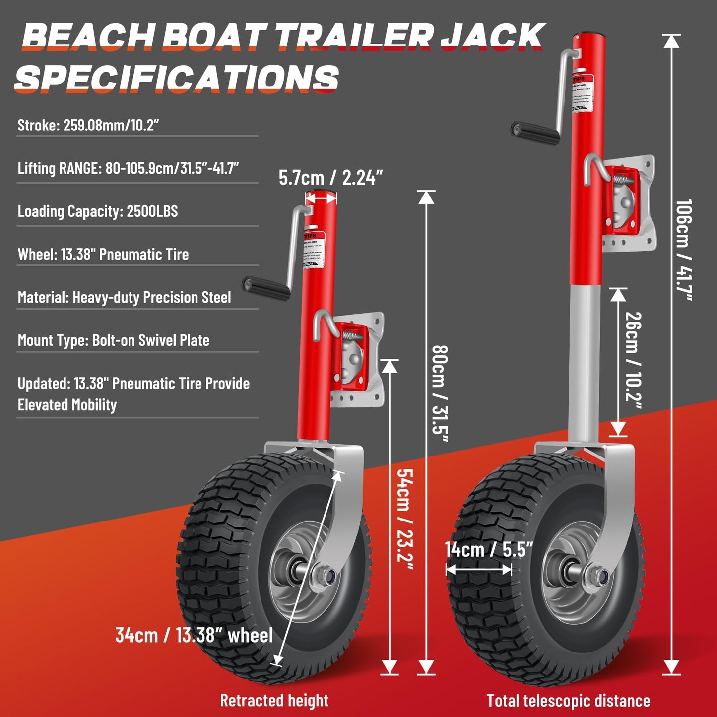Beach Boat Trailer Jack 2500 lbs Capacity with 13.3" Wheels-Heavy Duty for 10.2" Lift-RV Boat Trailer Bolt-On Swivel Tongue Jack（Red）