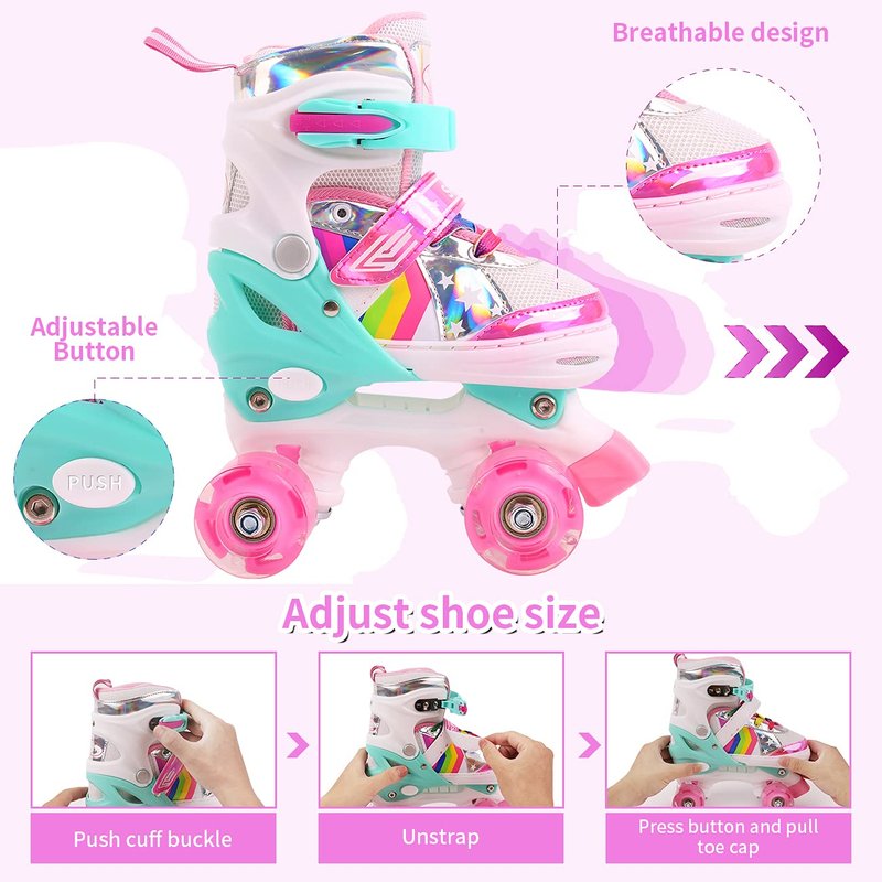 Ceestyle Rainbow Adjustable Light Up Roller Skates for Girls Boys,All Wheels of Skates Shine, Safe Fun Illuminating for Kids,Medium