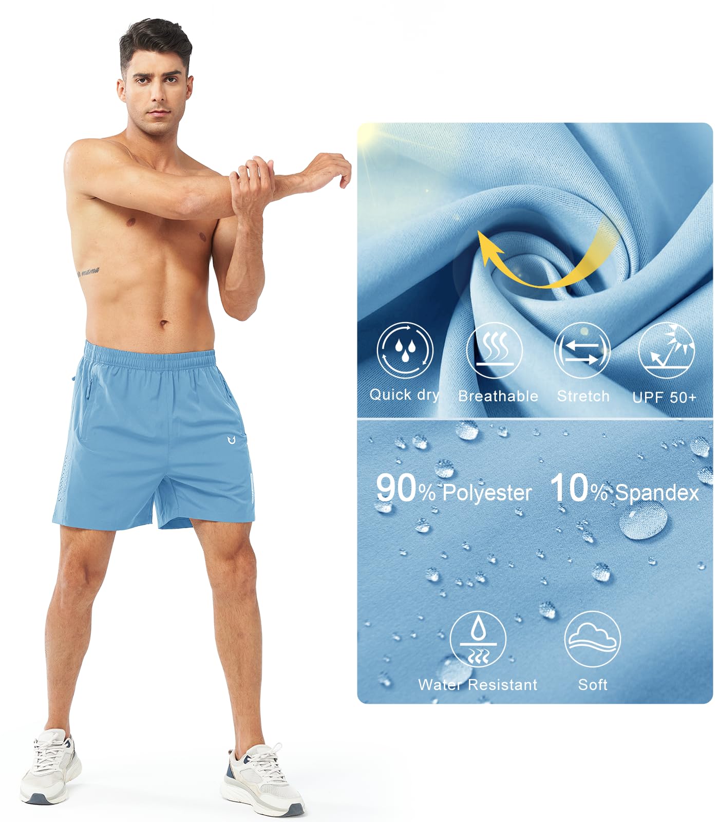 NORTHYARD Men's Athletic Running Shorts Gym Workout 7"/9"/5" Quick Dry Lightweight Sports Basketball Tennis 3 Zipper Pockets SKYBLUE-5inch 3XL
