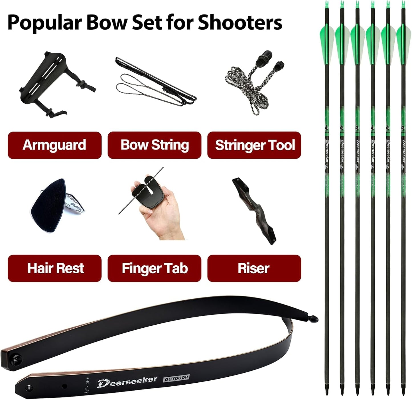 Deerseeker Takedown Recurve Bow Set - 60"/62" Right & Left Hand Traditional Wooden Bow for Adults & Youth | 25-60 lbs