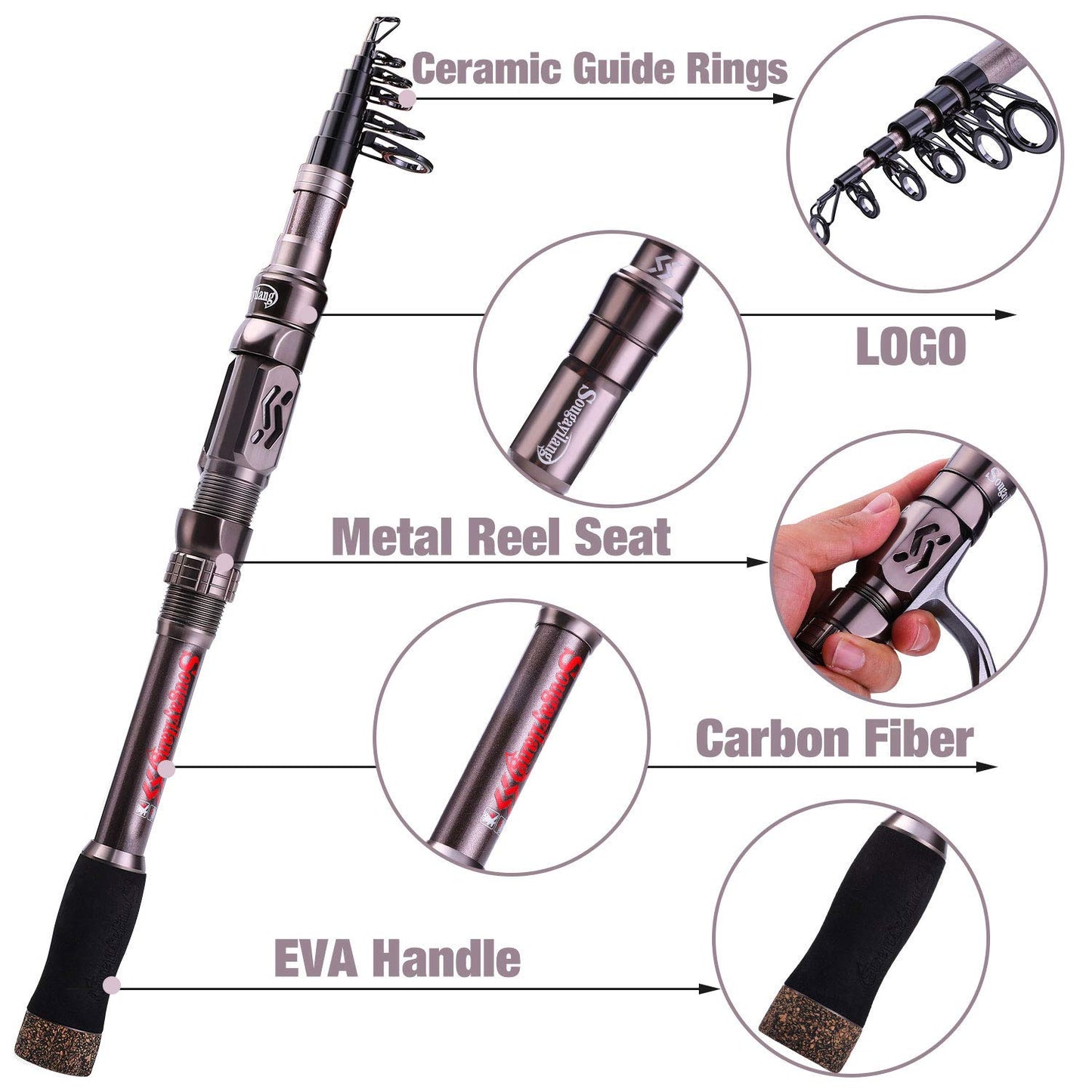 Sougayilang Fishing Rod Telescopic Fishing Rod Portable- 24 Ton Carbon Fiber,CNC Machined Reel Seat, Comfortable EVA Handle, Travel Fishing Pole for Bass Trout Fishing(Silver,1.8m/5.9ft)