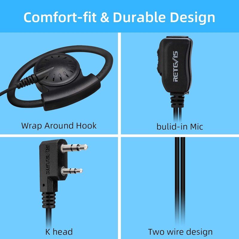 Adjustable Walkie Talkie Earpiece with Mic - D Shape Earhook for RT22, RT68, H-777 | 6 Pack