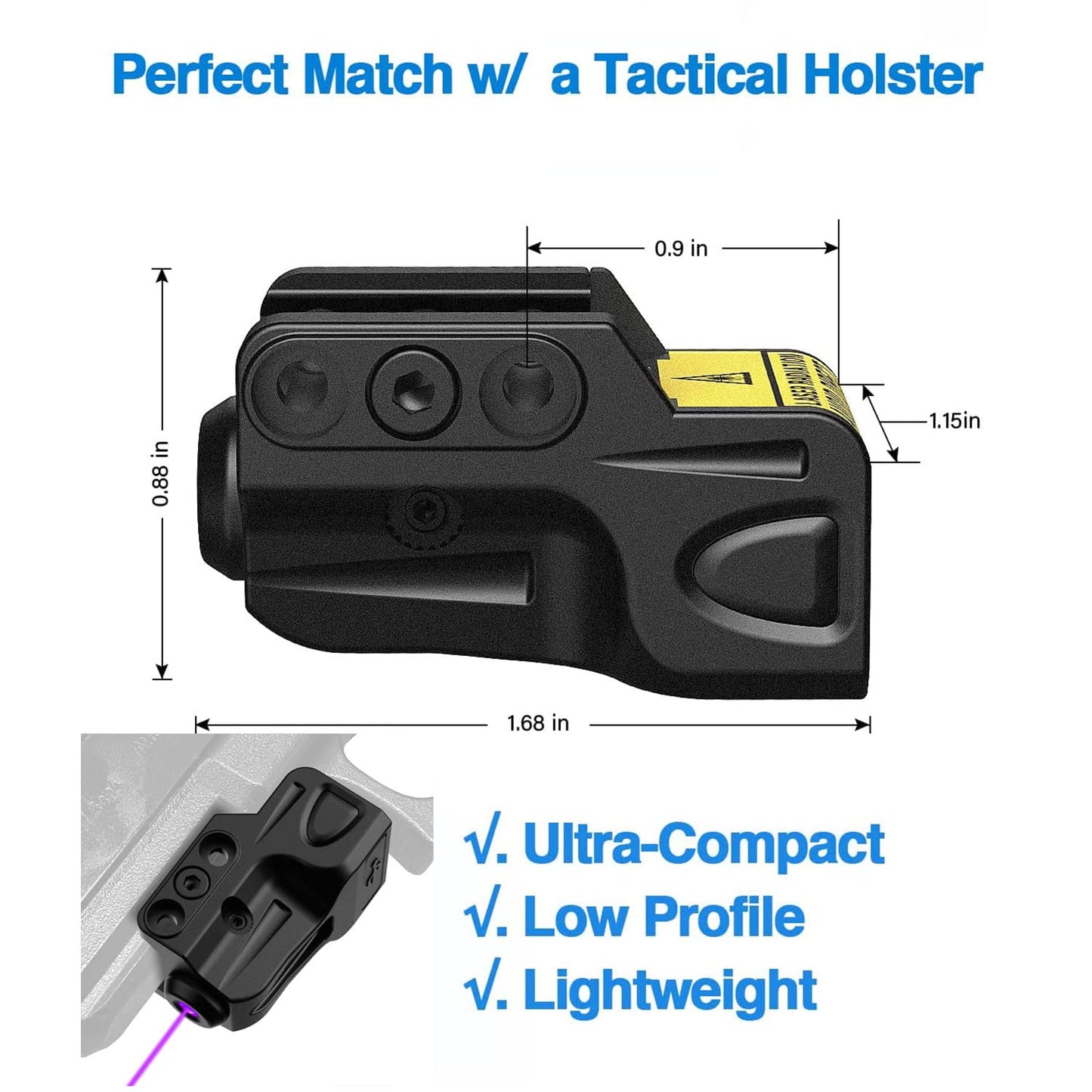 Gmconn Purple Laser Sight for Pistol with a Rail, Low Profile Purple Beams for Full Size or Compact Guns, Rechargeable, (Beam Output <5mW, Class IIIA)