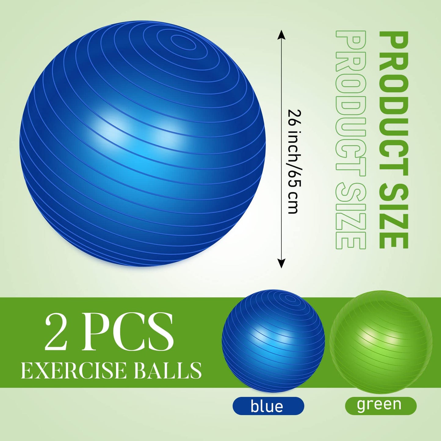 Leyndo 2 Pcs Yoga Ball Bulk Large 26 Inch Exercise Ball Anti Burst Birthing Ball Fitness Ball with Quick Pump, 26 Inches/ 65 cm for Improved Posture, Balance, Yoga, Pilates, Training (Green, Blue)