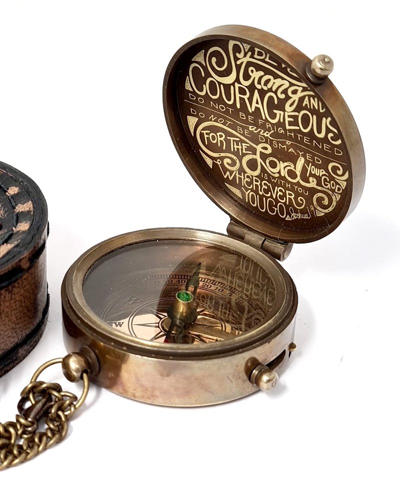Brass Nautical - Engraved Brass Compass with Leather Case, Religious Scripture, Removable Chain - Confirmation, Graduation, Baptism Gift | Antique Décor Accent