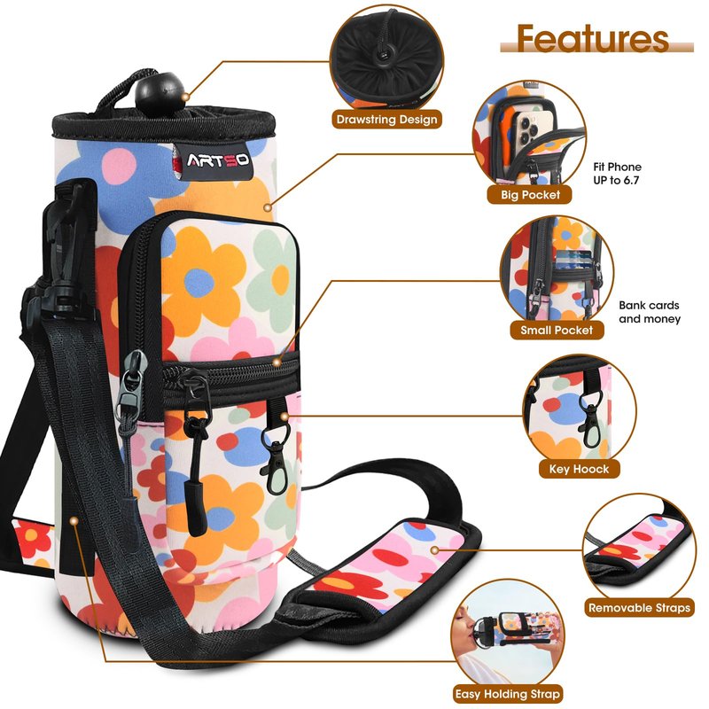 ARTSO Water Bottle Carrier Bag with Phone Pocket, Neoprene Sleeve Water Bottle Holder Sling Bag Pouch with Adjustable Strap 25/32/40/64 oz for Walking Hiking Camping Gym(32oz, Colorful Flowers)