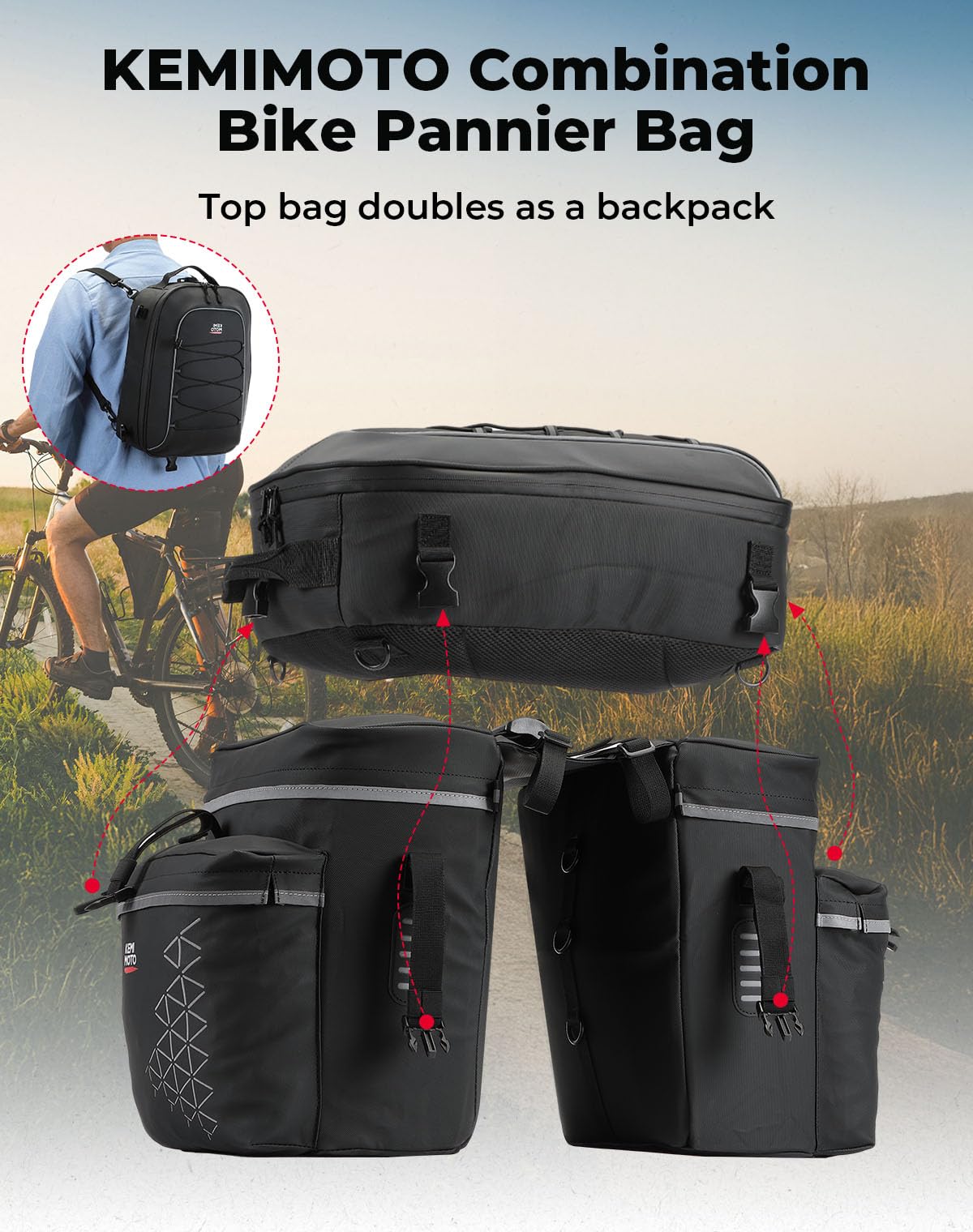 KEMIMOTO Bicycle Panniers Combo 3-in-1, Bike Saddle Grocery Bag with Waterproof Rain Cover, 52L Large Capacity Storage Cargo Cycling Backpack, Mountain Road E-bike Trunk Bag, Black