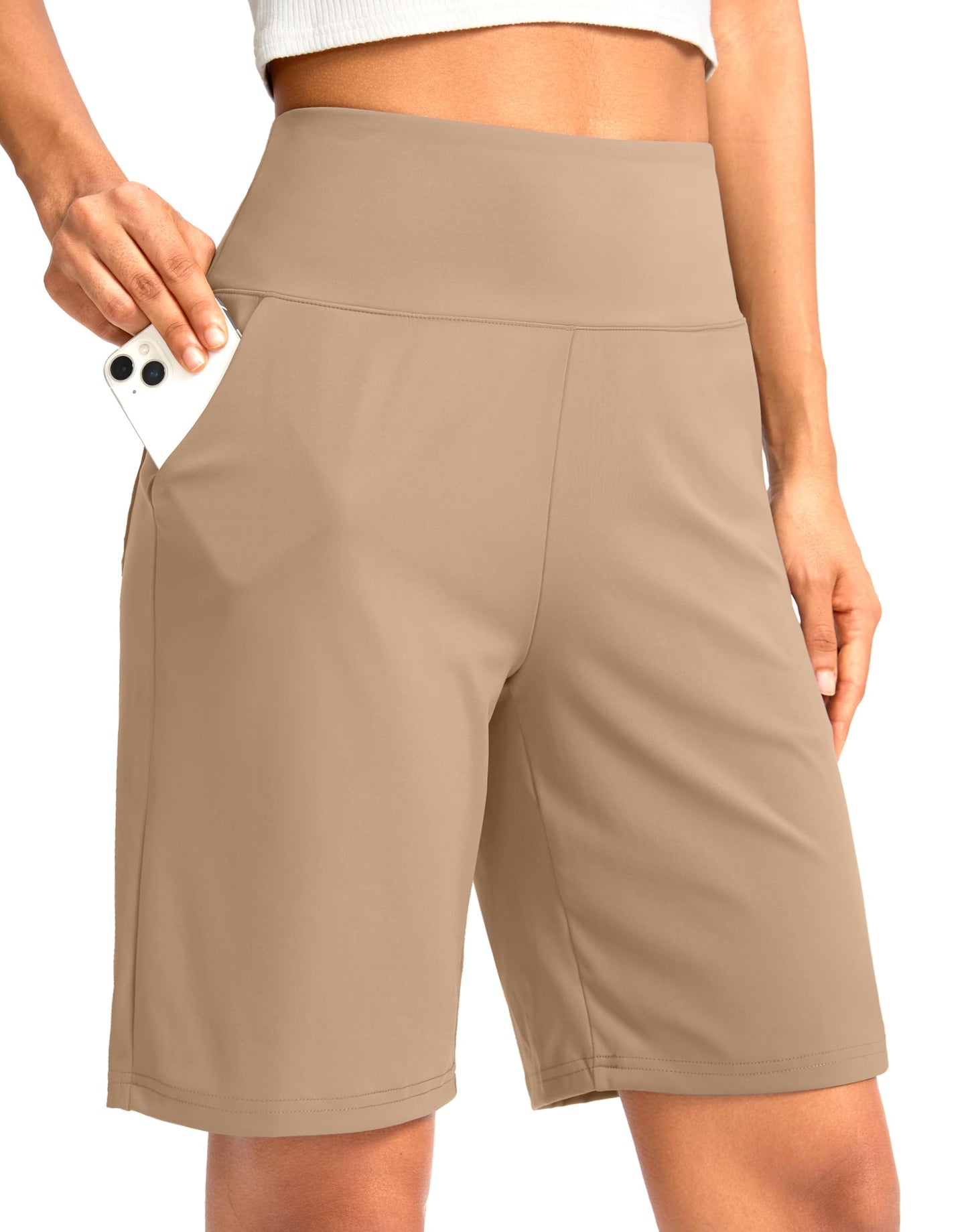 G Gradual Women's Bermuda Long Shorts with Pockets 9" High Waisted Knee Length Shorts for Women Walking Athletic Workout(Khaki,3XL)