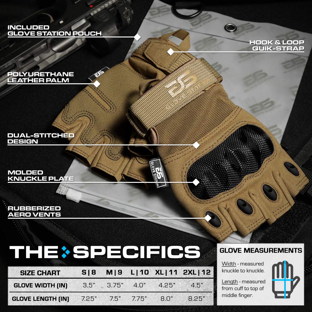 Glove Station The Combat - Fingerless Knuckle Tactical Gloves for Men - Motorcycle Gloves for Tactical Shooting, Airsoft, Hunting, Police Work and Hiking - Tan, Medium