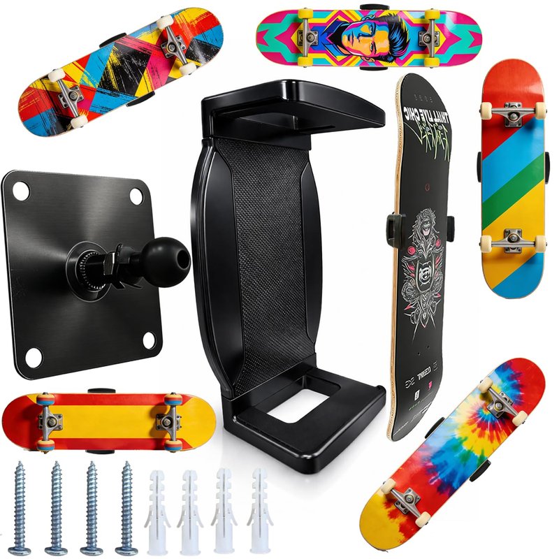 OOHGLITZ Skateboard Wall Mount - 360° Rotatable Skateboard Wall Hanger with Super Big Clips and Metal Base for Floating Display (1 Set)
