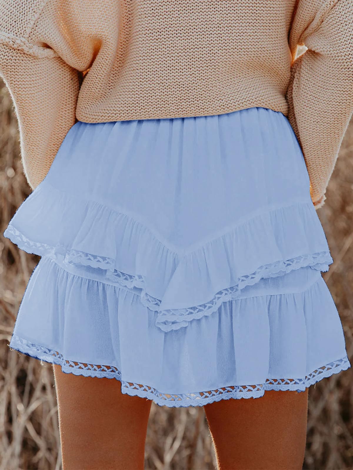 Aoudery Flowy Shorts for Women Casual Boho Ruffle Tiered Skorts High Waist Mini Skirts Golf Tennis Butterfly Crochet Shorts - Light Blue L