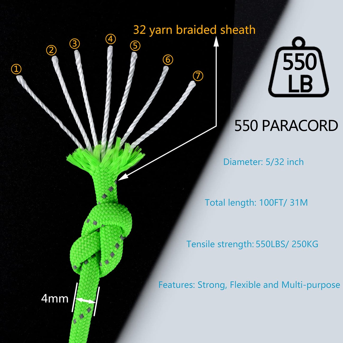 WEREWOLVES Reflective 550&176 lb Paracord - Nylon, Rope Roller,7&3 Strand Utility Parachute Cord for Camping Tent, Outdoor Packaging