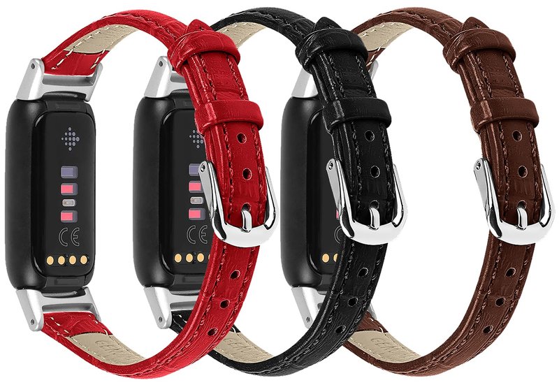 TenCloud 3-Pack Leather Bands Compatible with Fitbit Luxe, Classic Wristbands Metal Connectors Replacement Leather Strap for Luxe Fitness Tracker Women Men (Red,Black,Brown)
