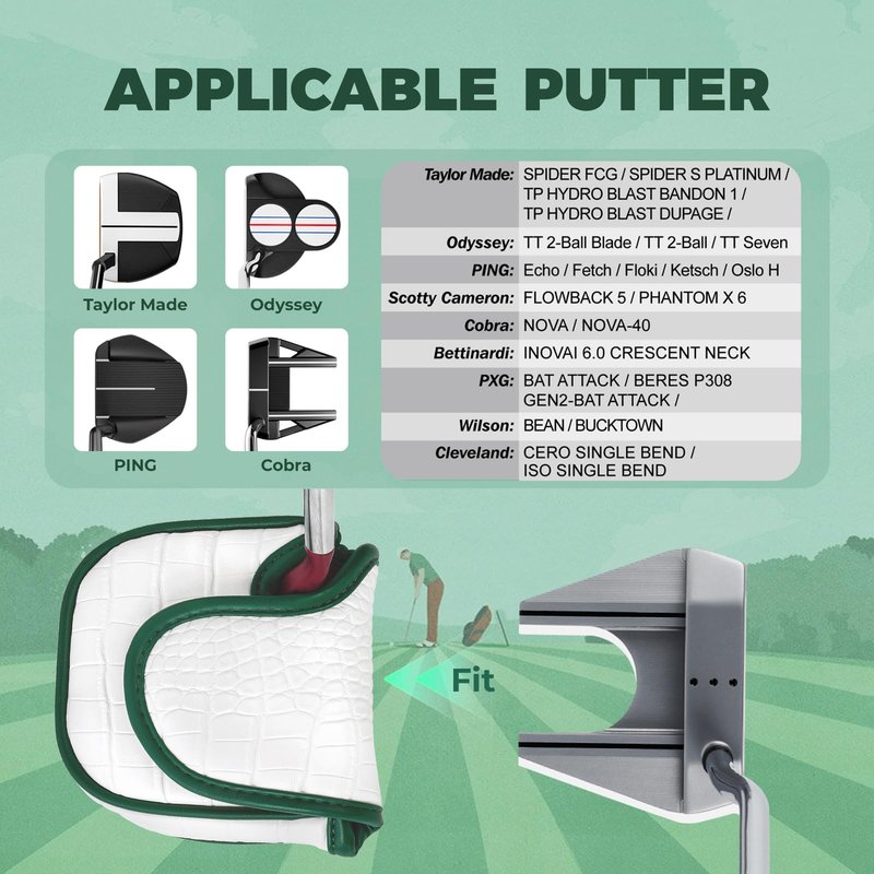 Craftsman Golf Par Style Green White Crocodile Pattern Leather Mallet Putter Cover for Odyssey Orlimar Scotty Cameron Magnetic Closure