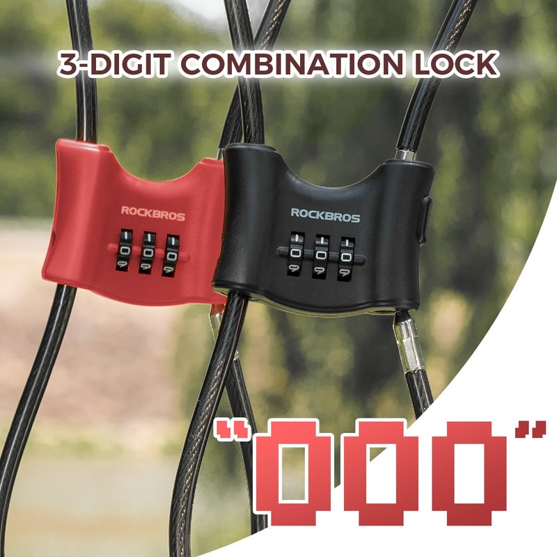 ROCKBROS Bike Lock (0.67m/2.2FT), 3-Digit Codes Resettable Combination Cable Lock,for Motorcycle, Mountain Road Bike, Helmet,(Black).