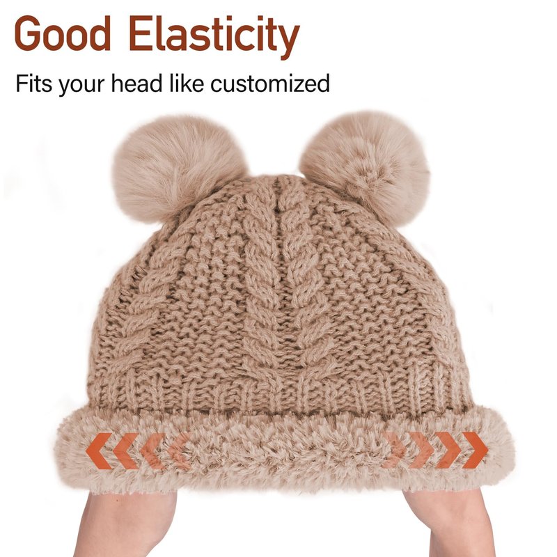 Peicees Knitted Beanie with Fur Pompom for Women Chunky Winter Beanie Hat Warm Fleece Lined Skull Cap Cute Khaki