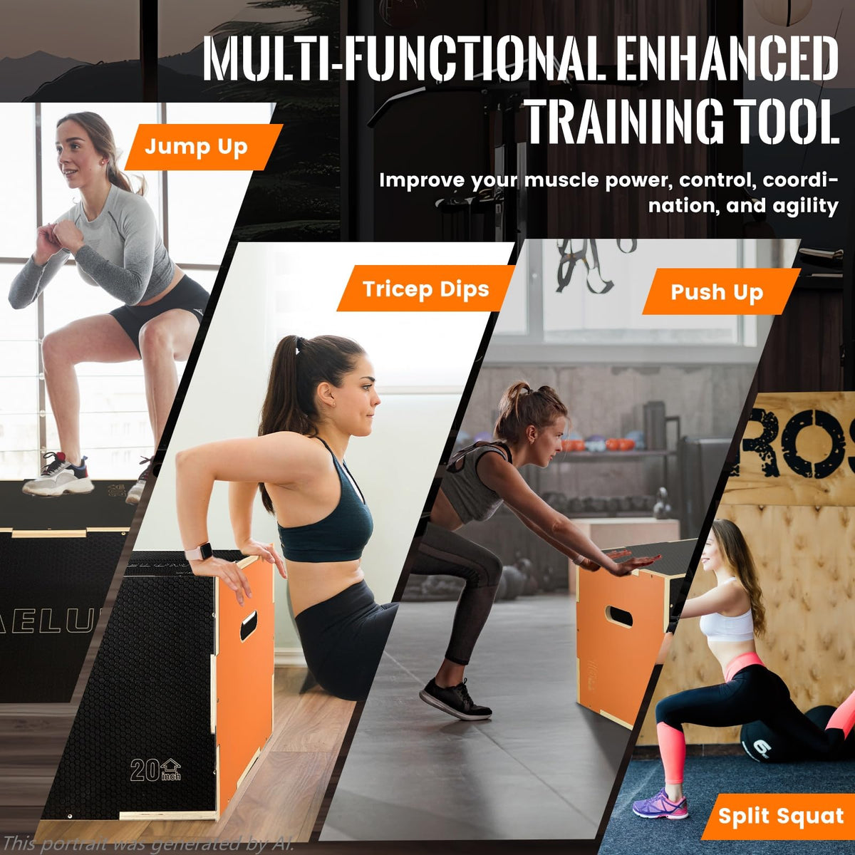 CAELUM 3-in-1 Wooden Plyo Box – 400lbs Heavy-Duty Jump Box for Home & Gym, Non-Slip Plyometric Box for Step-Ups, Squats & Strength Training Black Orange