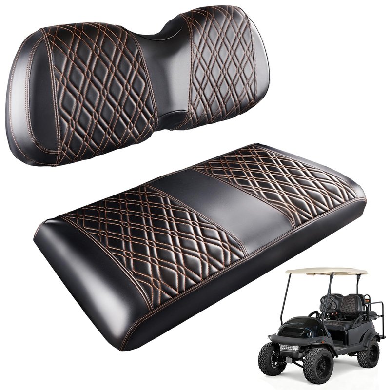 CartClan Golf Cart Seat Covers Suitable for Club Car Precedent Standard Front Seat Cushion, Golf Cart Front Seat Covers Kit No Drilling & Waterproof (Black PVC Leather & Brown Stitching)