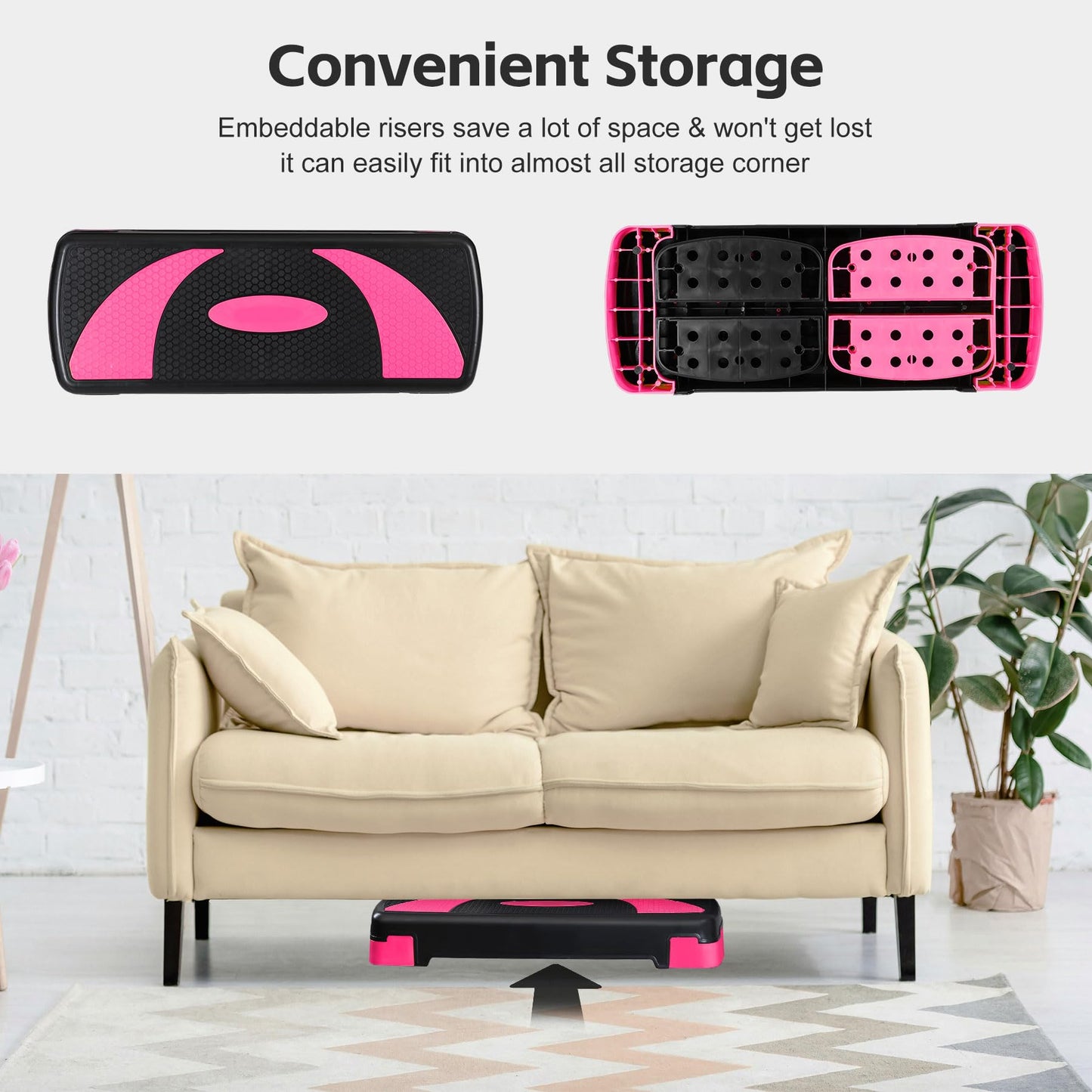 JungleA 31" Aerobic Step Platform, 3 Levels Height Adjustable Steppers For Exercise at Home Gym, Cardio Workout Step Platform Wide Bench, 4 Stackable Risers, Non Slip Fitness Stepper Up Box, Pink