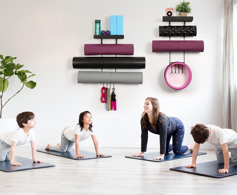 Yoga Mat Holder Wall Mount | Stylish Storage with Wood Shelves & 4 Hooks - Vintage Black