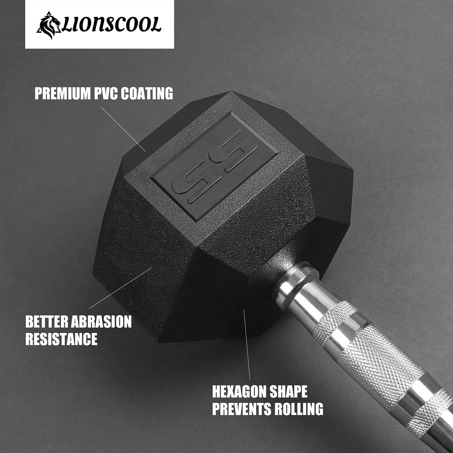 LIONSCOOL PVC Encased Hex Dumbbell in Pairs or Single, Premium Hand Weight with Metal Handle for Strength Training, Build Muscle and Full Body Workout, 5-60lbs Free Weights (55LB Single)