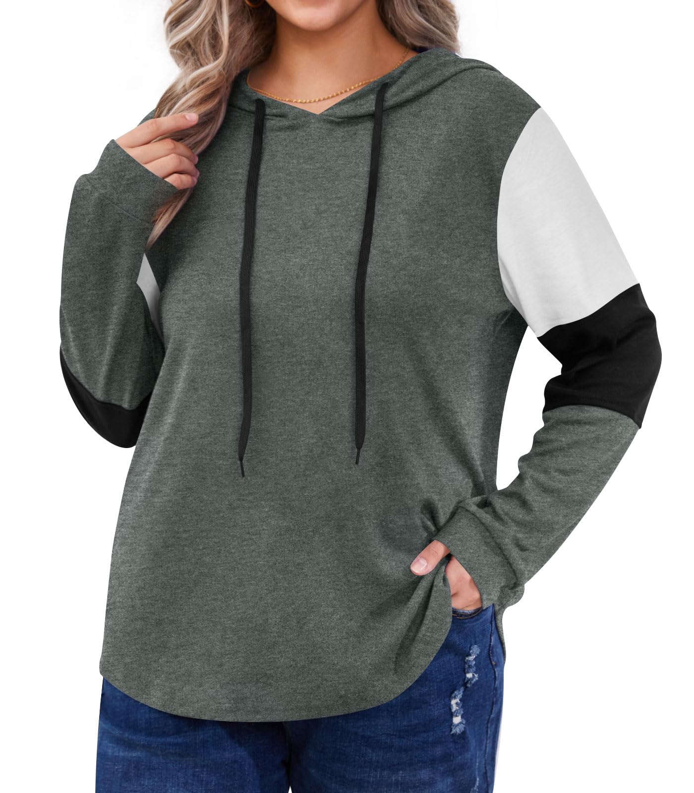 BISHUIGE Women's Winter Plus Size Fashion Color Block Hoodies Long Sleeve Tops, 2XL, Dark Gray