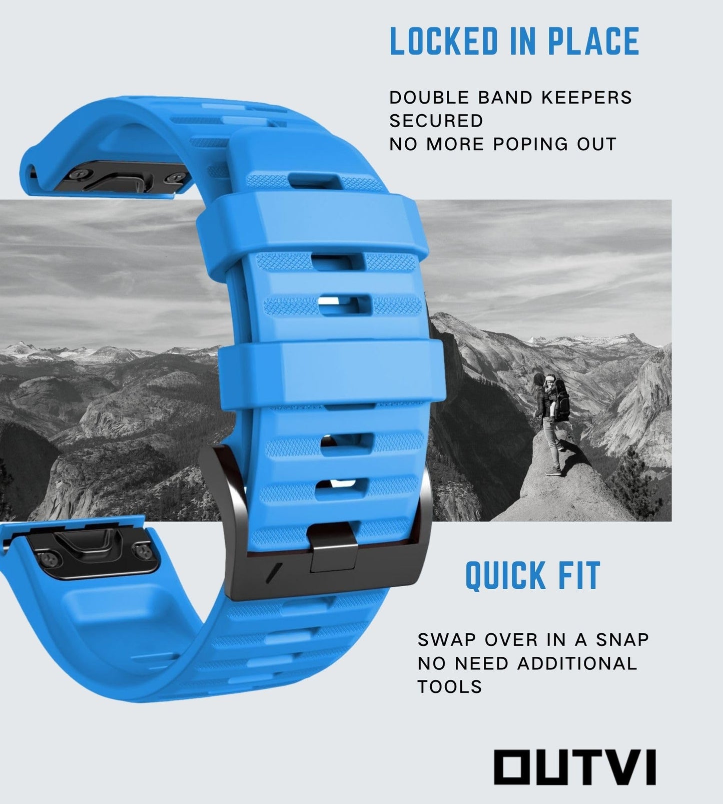 OUTVI 26mm watch band compatible with garmin fenix 5x 6x Pro 7x 3 hr rugged silicone quick fit 26 strap replacement for Epix Pro Gen 2 51mm Enduro 2 Descent Mk1 Mk2 Mk2i Mk3i tactix men women Blue