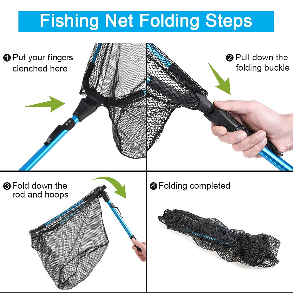 LBW Collapsible Rubber Fishing Net with Handle, Folding Kayak Net for Freshwater or Saltwater, Portable Landing Net for Trout, Catfish, Bass