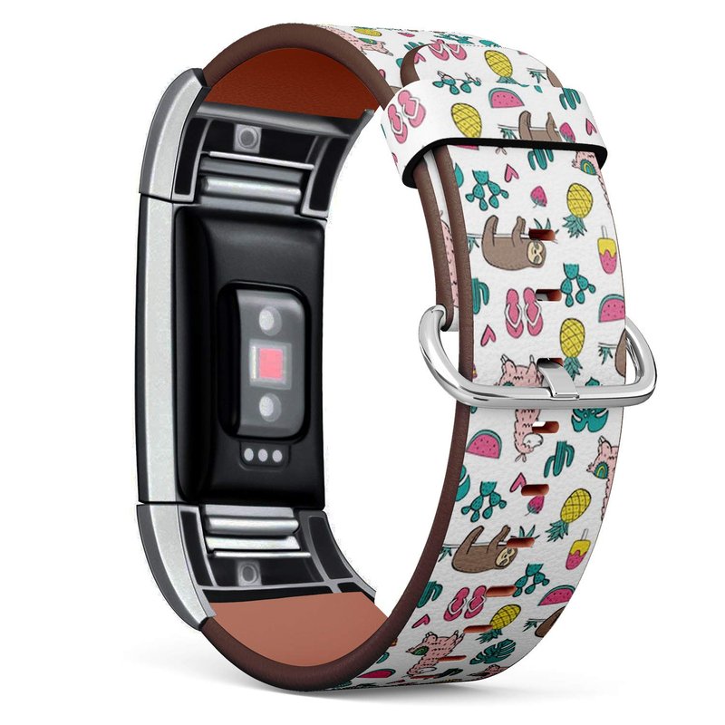 Compatible with Fitbit Charge 2 - Leather Wristband Bracelet Replacement Accessory Band (Includes Adapters) - Cool Cartoon Summer Print Sloth