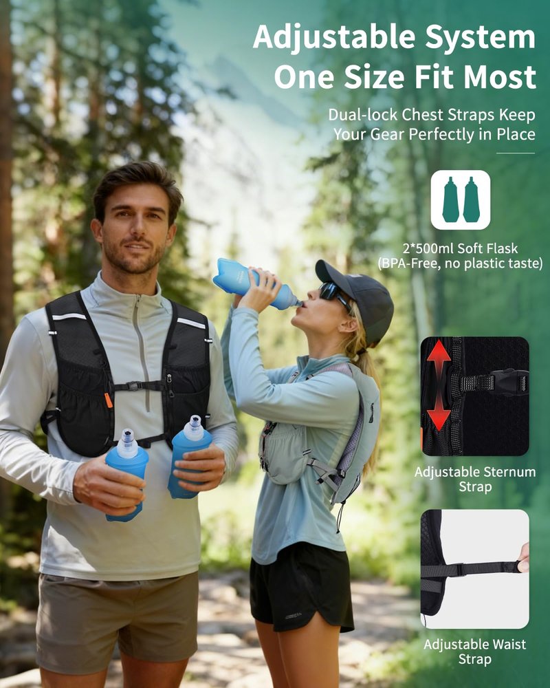 ECOHUB Running Hydration Vest Backpack with 2*500ML Soft Flask, Lightweight Trail Running Pack for Men Women, Adjustable No Bounce Hydration Backpack for Marathon Hiking Cycling (Black)