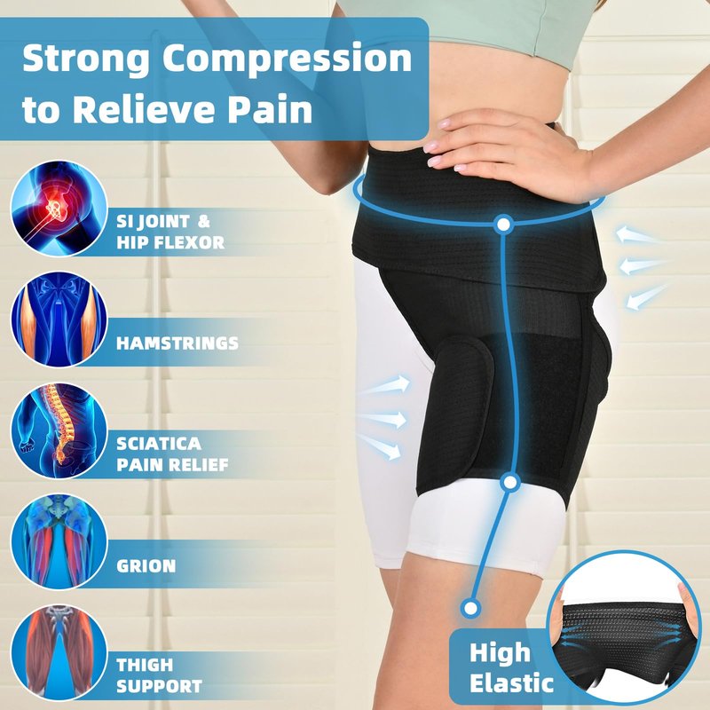 Tenbon Adjustable Hip Brace for Sciatica Pain Relief & Sacroiliac Support - Compression Wrap for Hamstring, Hip Flexor, Groin Injuries, Thigh Stabilizer - SI Joint Belt for Men & Women (XXL/Left)
