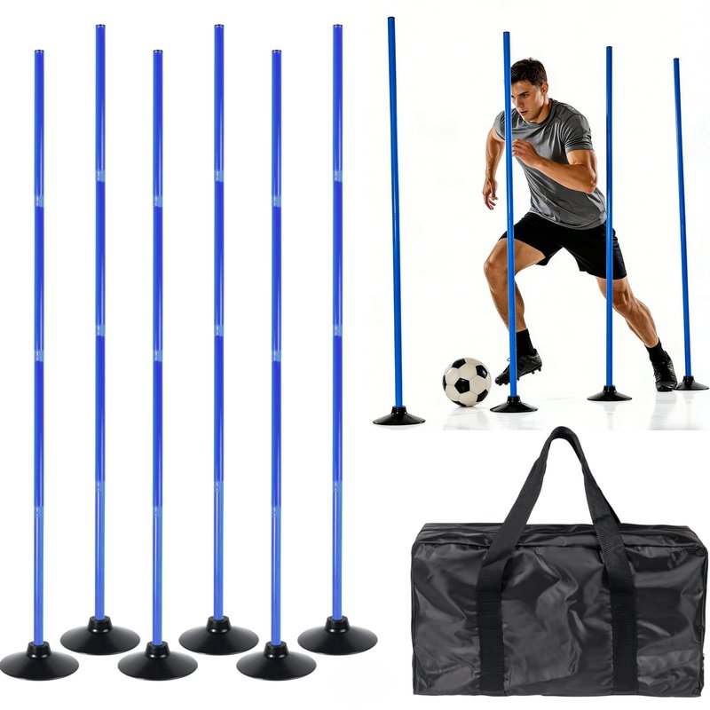 6 Pack Soccer Agility Training Poles, 5 FT Adjustable Speed and Agility Training Equipment for Football/Basketball/ Dog Practice, Bending Poles for Horses with Rubber Bases and Carry Bag (Blue)
