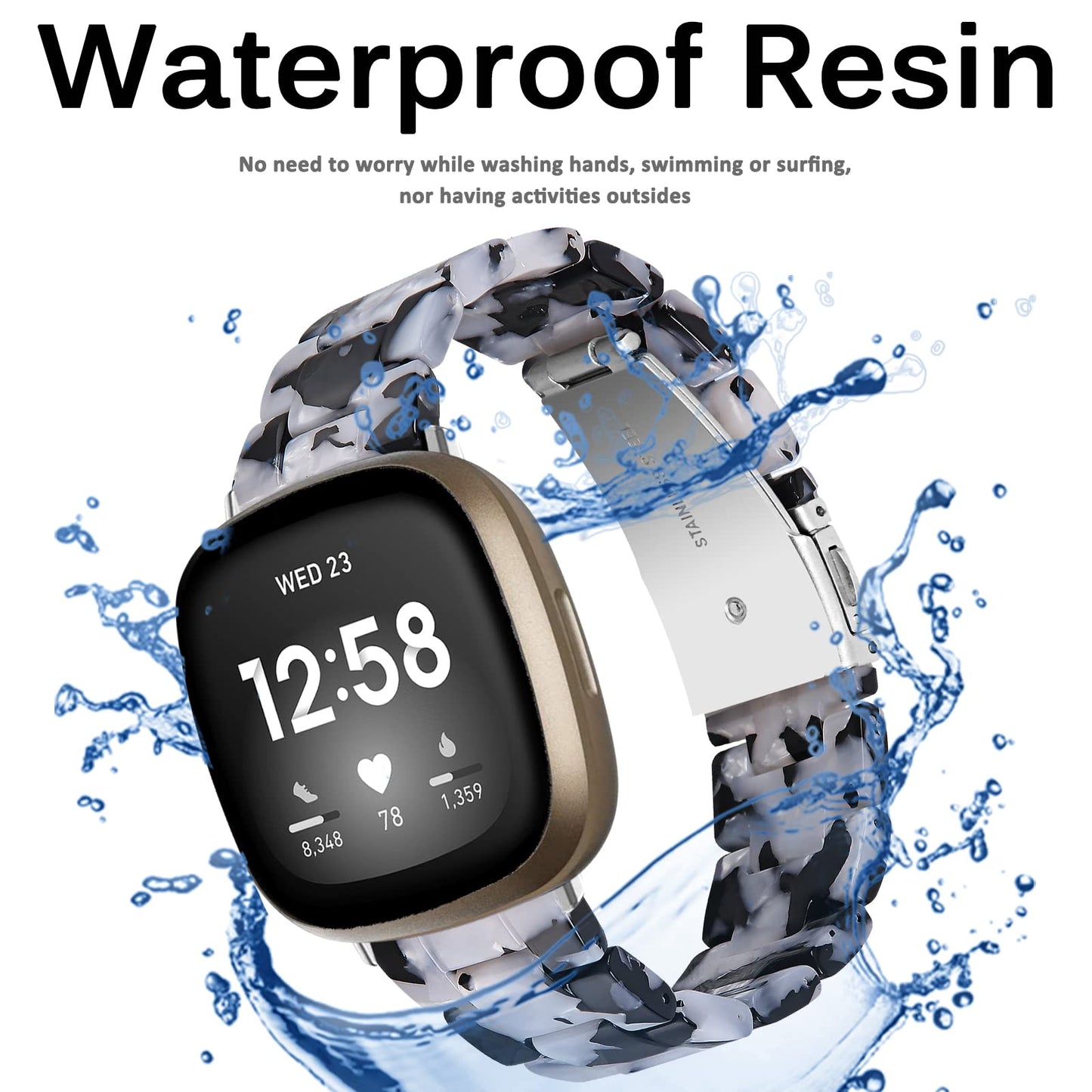 Miimall Compatible for Fitbit Versa Sense Strap, Versa 3 Resin Band Stylish with Stainless Steel Clasp Replacement Bands Straps for Fitbit Versa Sense Versa 3 Trackers(Black&White)