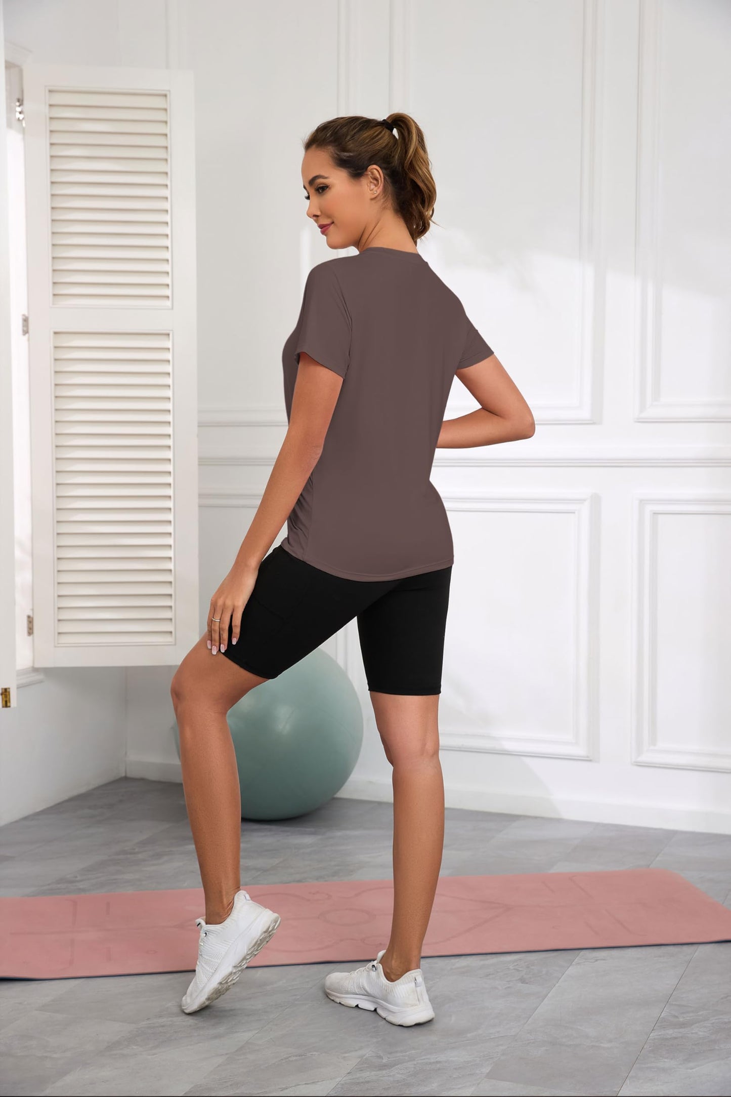 KevaMolly Dark Brown Workout Tops for Women V Neck UPF50+ Breathable Loose Fit Yoga T Shirts Short Sleeve Running Gym Athletic Tee Top L