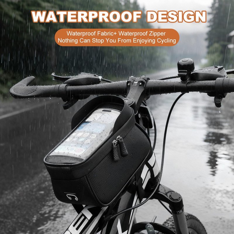 Qisan 1.7 L Capacity Leather Front Bike Bag Frame Motorcycle Accessories for Riding | 6.5" Motorcycle Phone Mount E-Bike Accessories for Men | Bicycle Top Tube Bag Cycling Pouch with Rain Cover