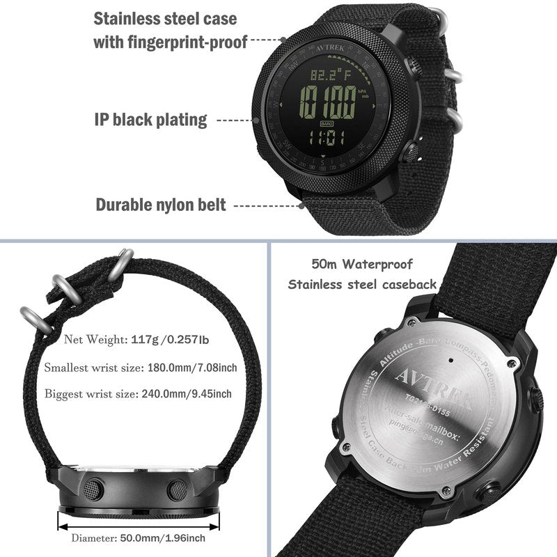 AVTREK Men's Digital Sport Watch - Army Military Compass, Altimeter, Barometer, Pedometer, Waterproof, Green
