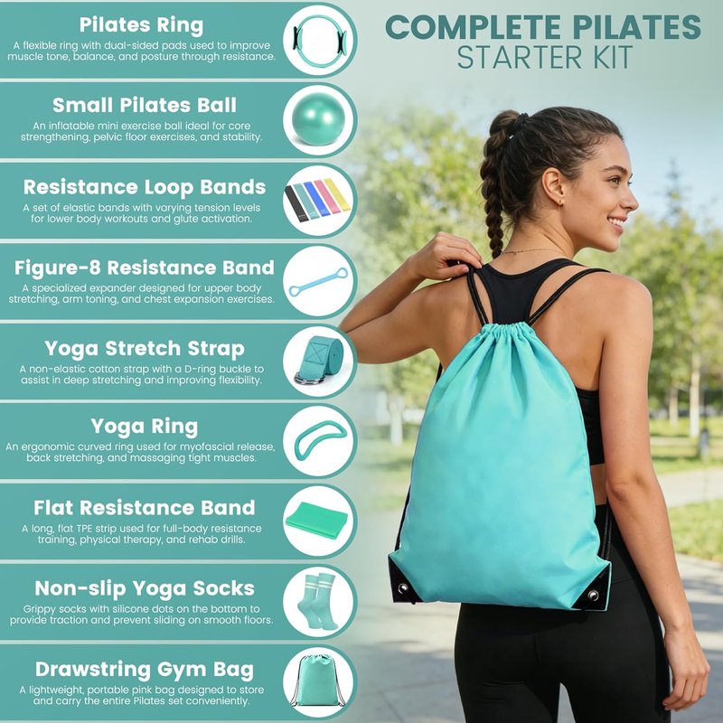 Pilates Kit for Women - 13-Piece Resistance Bands & Ring Set | Home Workout Essentials for Beginners