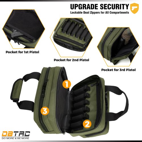 DBTAC Gun Case Bag Compact Small-PLUS | Tactical 3x Pistol Bag Handgun Revolver Shooting Case with Lockable Zipper for Shooting Range Outdoor Hunting, OD Green