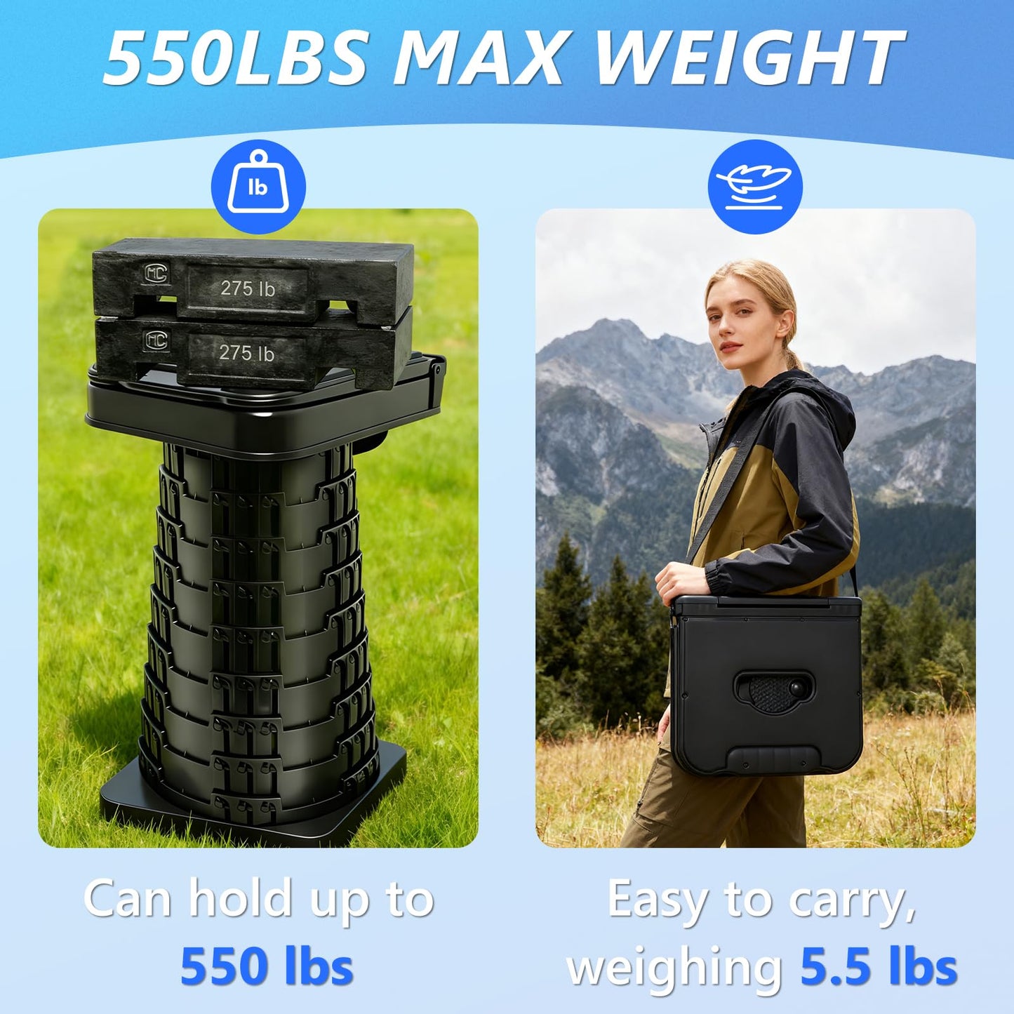 graxie Upgraded Collapsible Stool with Backrest, Portable Telescopic Seat with Carry Bag, Square Folding Stool for Camping Gardening Fishing Hiking BBQ, Max Load Capacity 550lbs