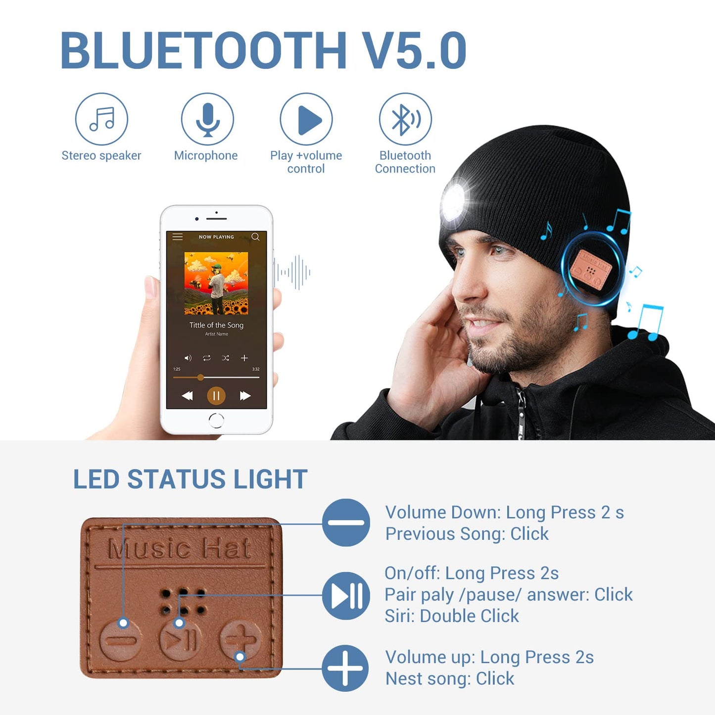 TOUCH TWO Bluetooth Beanie Hat with LED Light Wireless Musical Knitted Cap with Headphone Stereo Speakers & Mic for Running Hiking Jogging Black