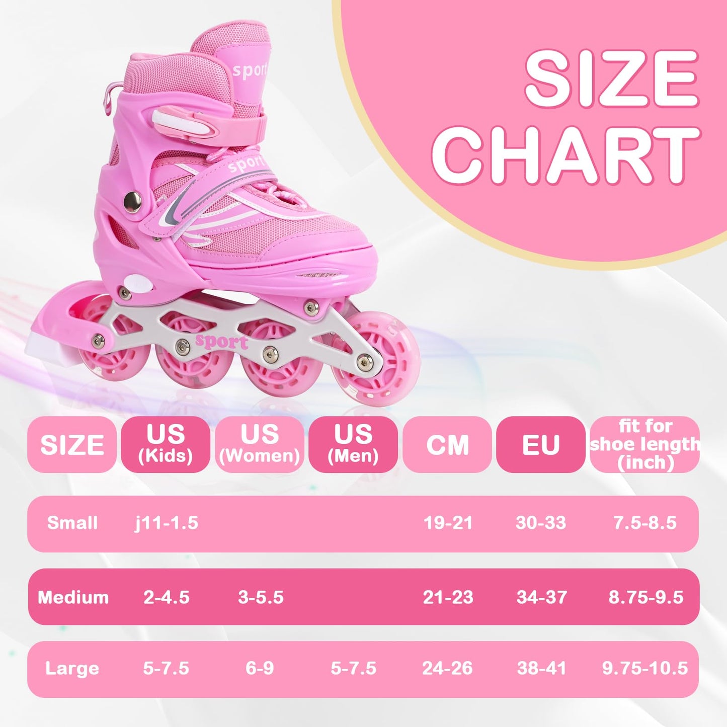 Pink Children Inline Skates for Girls Boys Adjustable 4 Size with Full Wheels Illuminating, Girls Blades Roller Skates for Kids Outdoor Small Size