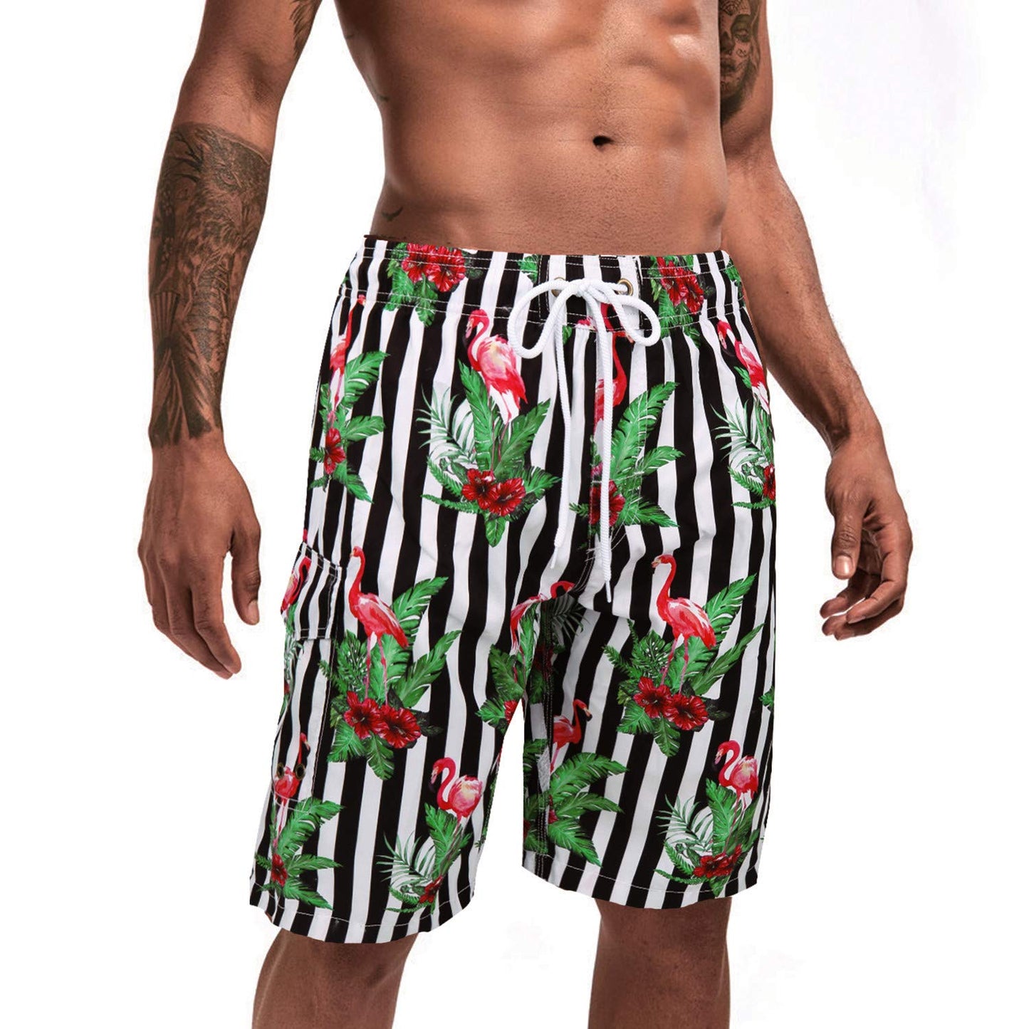 Mens Funny Swim Trunks Quick Dry Novelty Tropical Swim Shorts with Mesh Lining Colorful Swimwear Lightweight Bathing Suits Black White Stripe XL, Tropical Leaf Flamingo