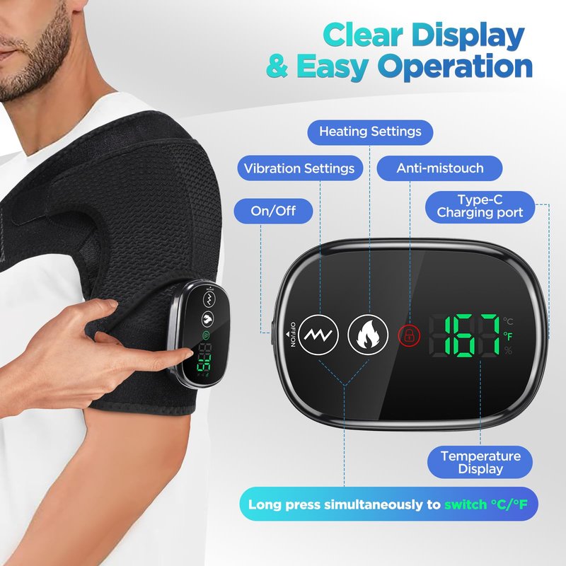 FAMILY‎ HEALTH Cordless Portable Shoulder Heating Pad & Massager, Heating Vibration Shoulder Wrap, Shoulder Brace for Pain Relief, Rotator Cuff Support for Men & Women, Black
