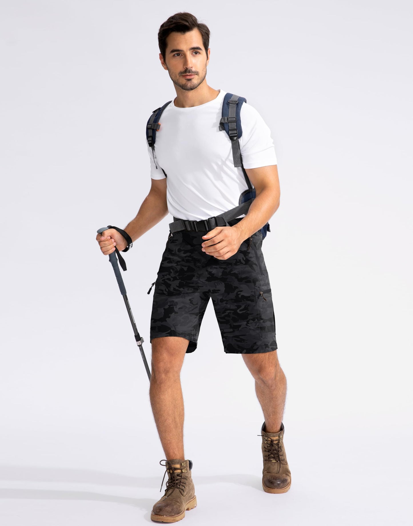 Pudolla Men's Hiking Cargo Shorts 9" Lightweight Outdoor Work Shorts for Men Travel Golf Camping Casual with 5 Zipper Pockets(Black Camo 3X-Large)